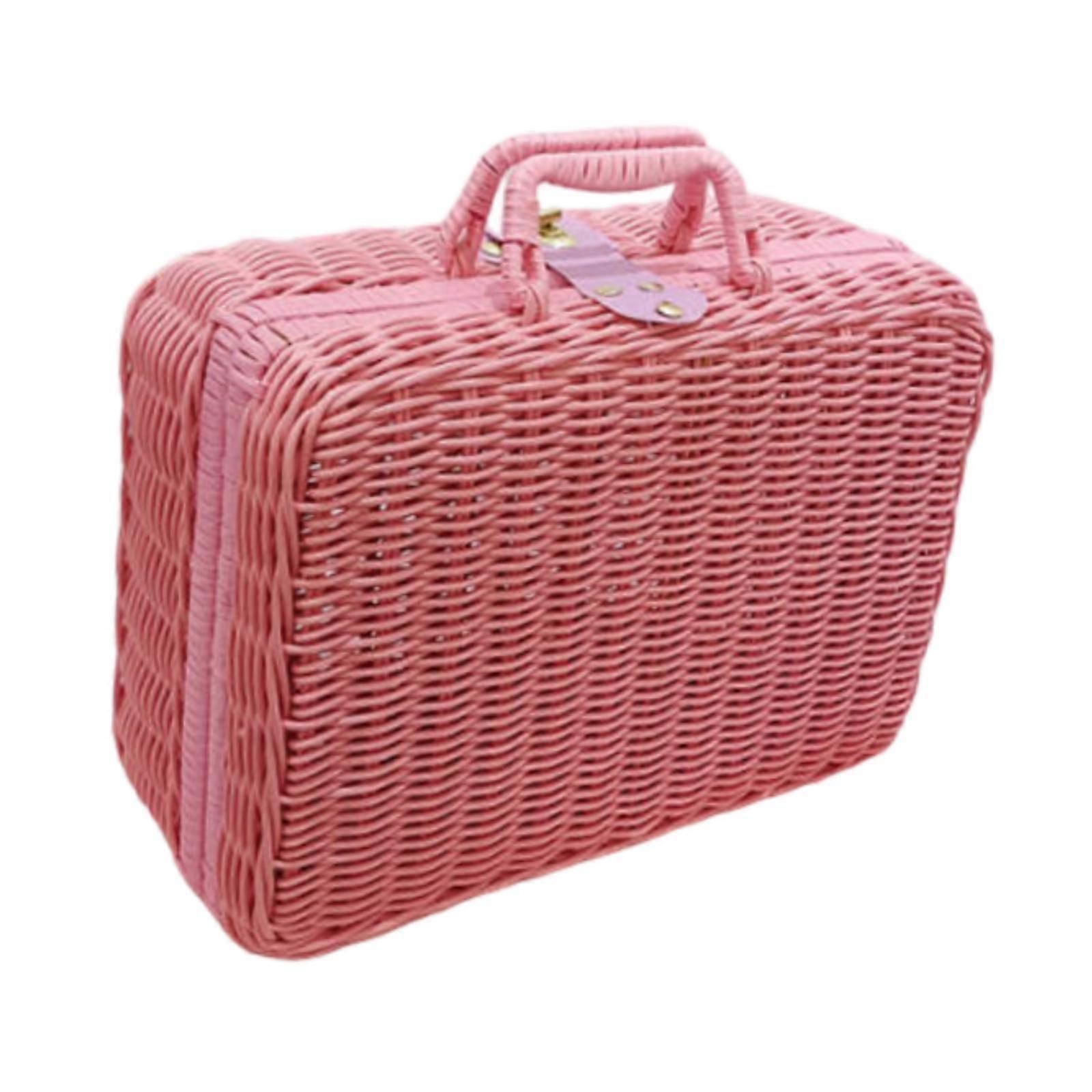 Woven Suitcase with Handle Portable Picnic Suitcase for Home Outings Desktop Pink M
