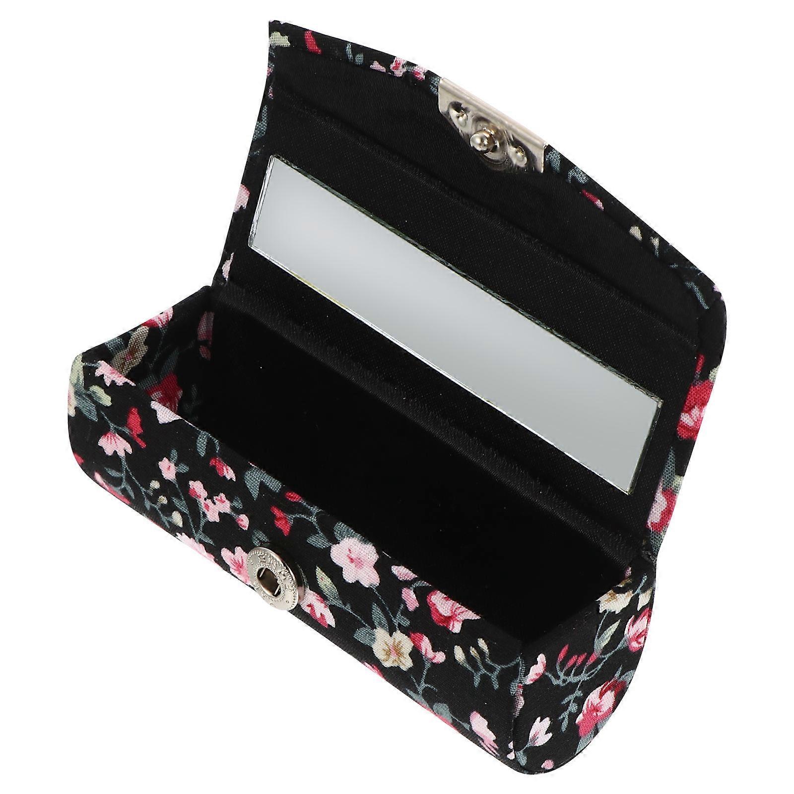 Floral Lipstick Case for Storage Use Black Retro Style with Mirror 3Pcs Set