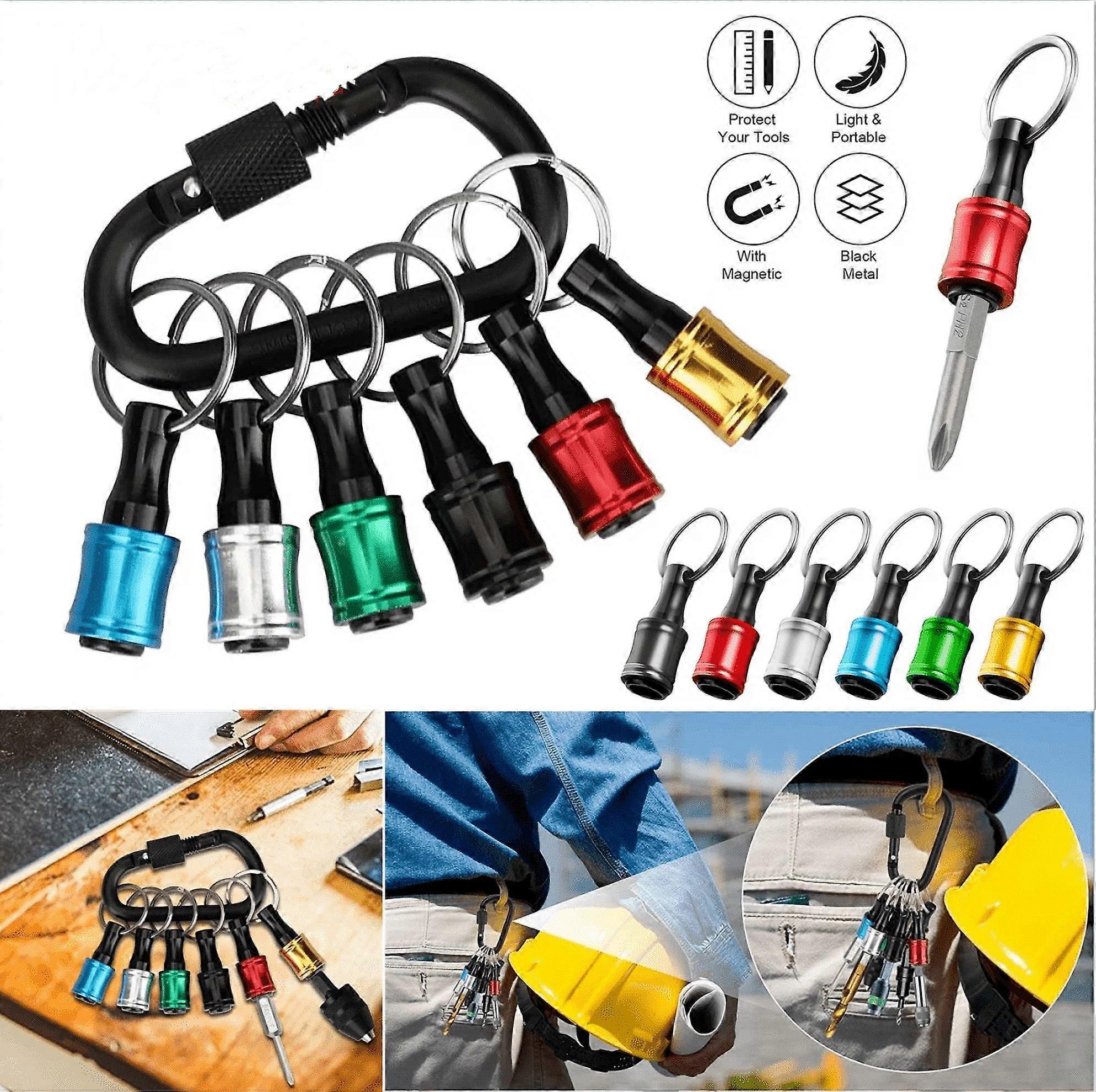 7pcs For 1/4" Hex Shank Quick Release Keychain Screwdriver Drill Bit Holder Bit Set, 6pcs Keychain Screwdriver Bits Holder and 1pc Metal buckle