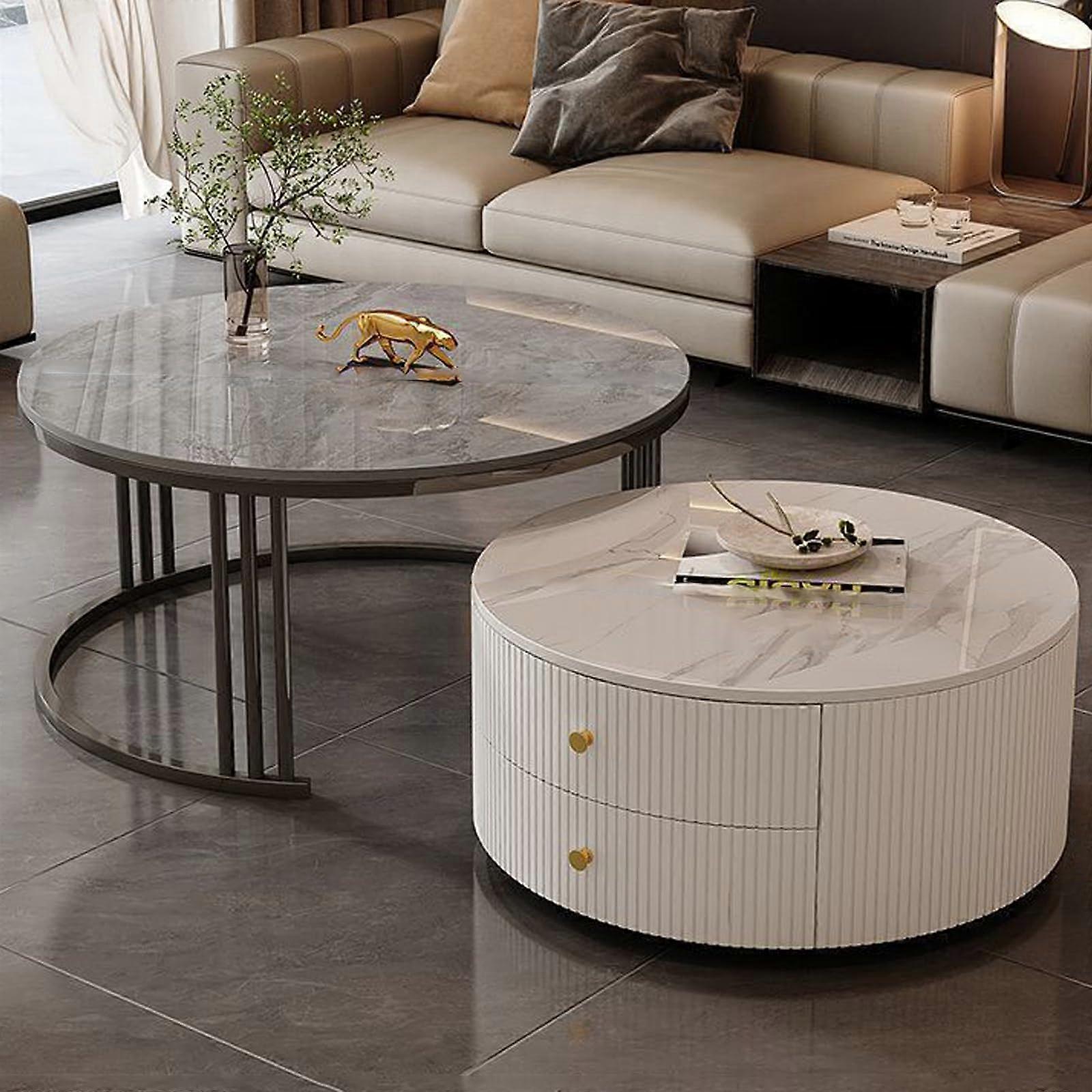 Modern Round Nesting Coffee Tables Set Of 2 With Storage For Living Room And Office 23.6 X 13.7 And 27.5 X 17.7