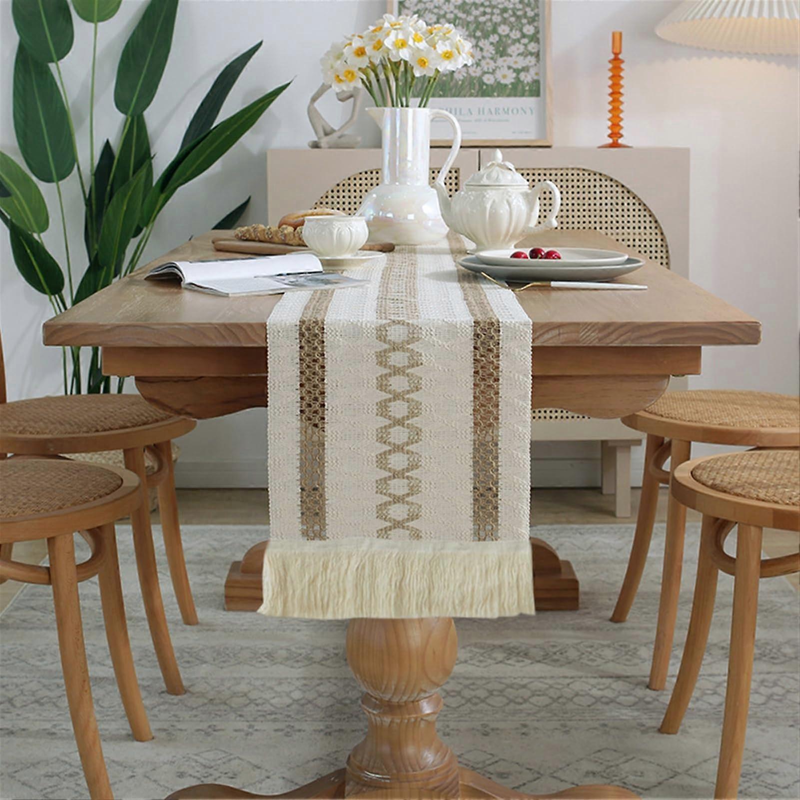 Macrame Style Table Runner White/Khaki 30 x 180 cm Boho Rustic Farmhouse Woven Home Decor Tassels