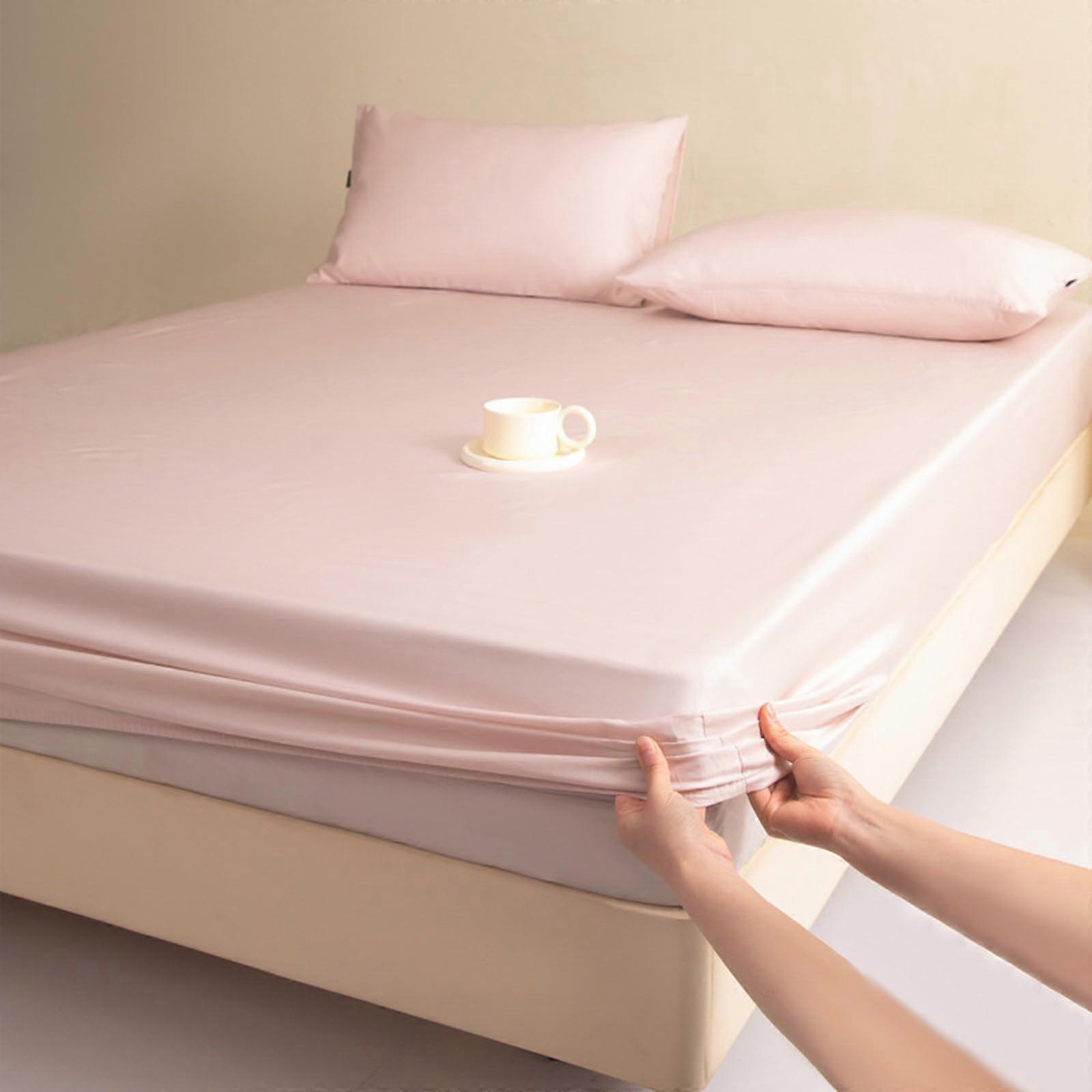 Satin Fitted Bed Sheet Set 200x220cm Breathable Soft Brushed Bedding for Double Bed