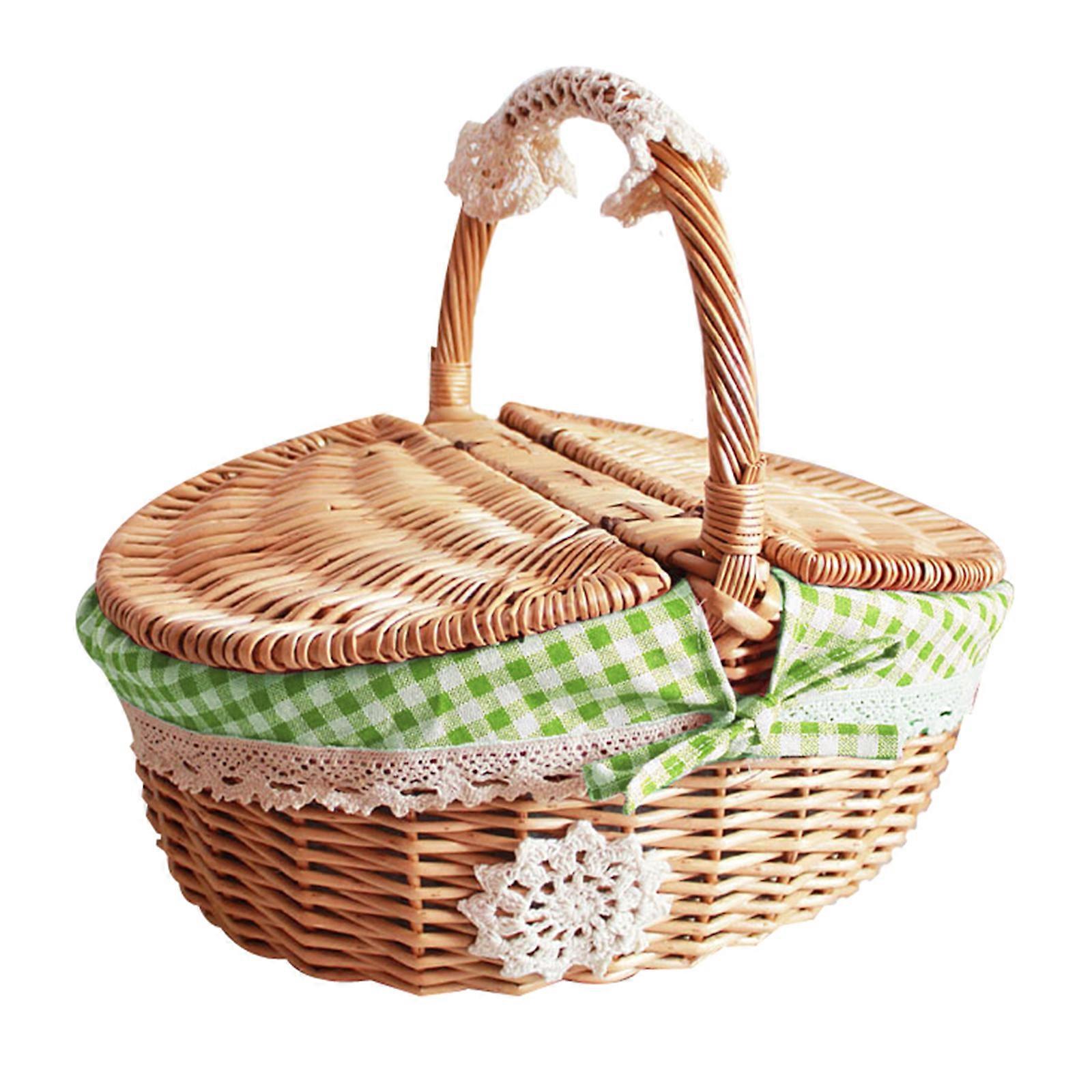 Multipurpose Outdoor Storage Basket Natural Rattan Weaving Delicate Design Picnics Carriers For Picnics And Home Use  Green grid
