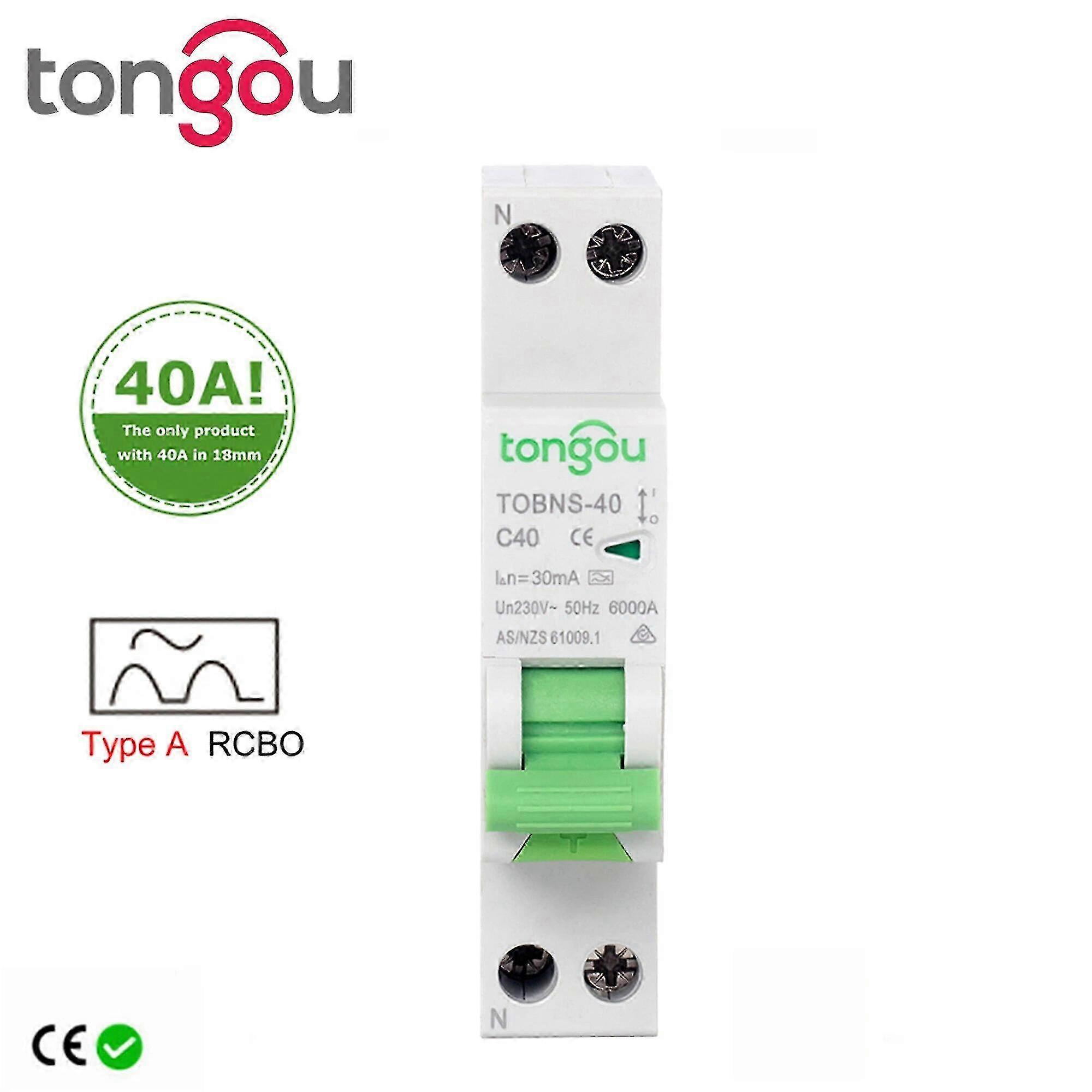 Type A 6KA 18mm RCBO 40A 10mA 30mA Residual Current Circuit Breaker with Over Current and Leakage Protection Differential TOBNS