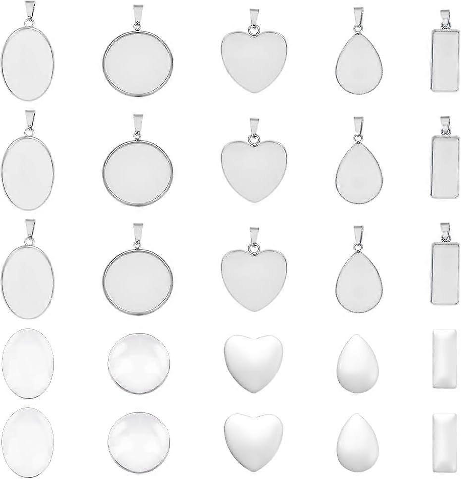 20 Sets 5 Styles Cabochon Pendant Settings Stainless Steel DIY Blank Bezel Pendant Making Kit Heart Oval Teardrop Rectangle Base Cabochon Charm with G