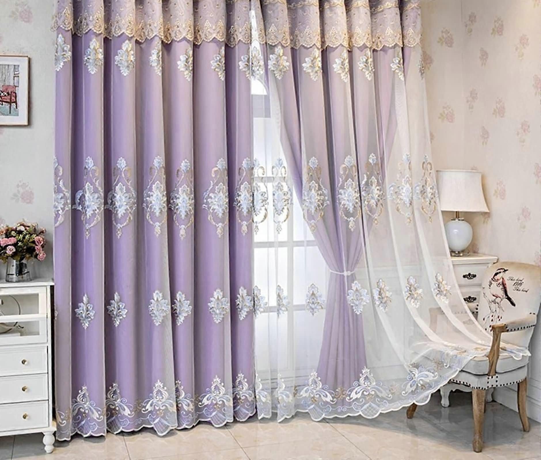 Blackout Curtains Purple Embroidered Drapes with Hooks for Bedroom Window Noise Blocking, Set of 2 42x52 Inch