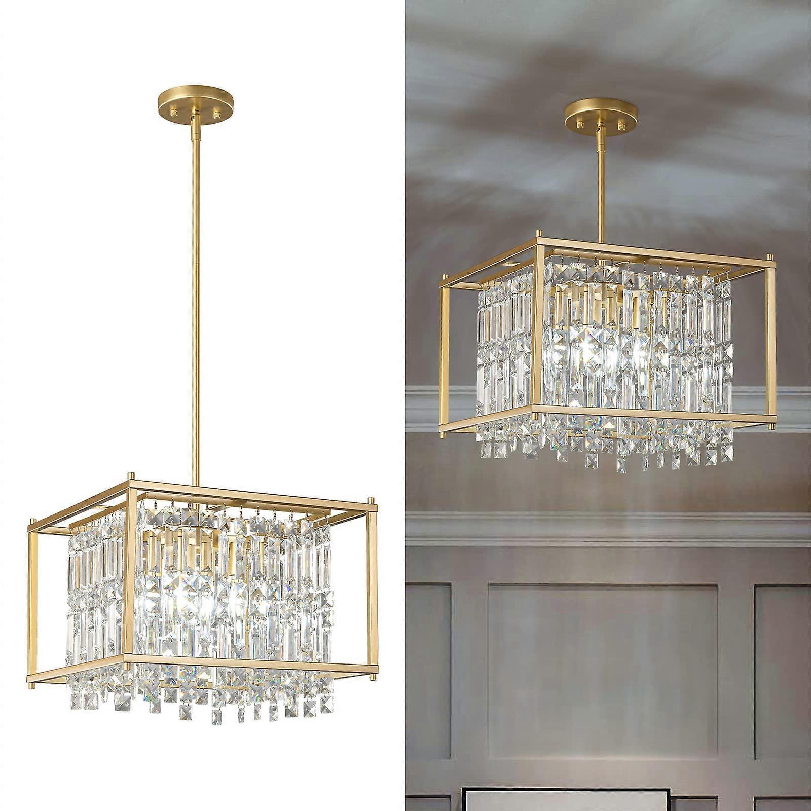 Modern Crystal Chandelier with Adjustable Height, Gold Square Design for Kitchen Island or Entryway