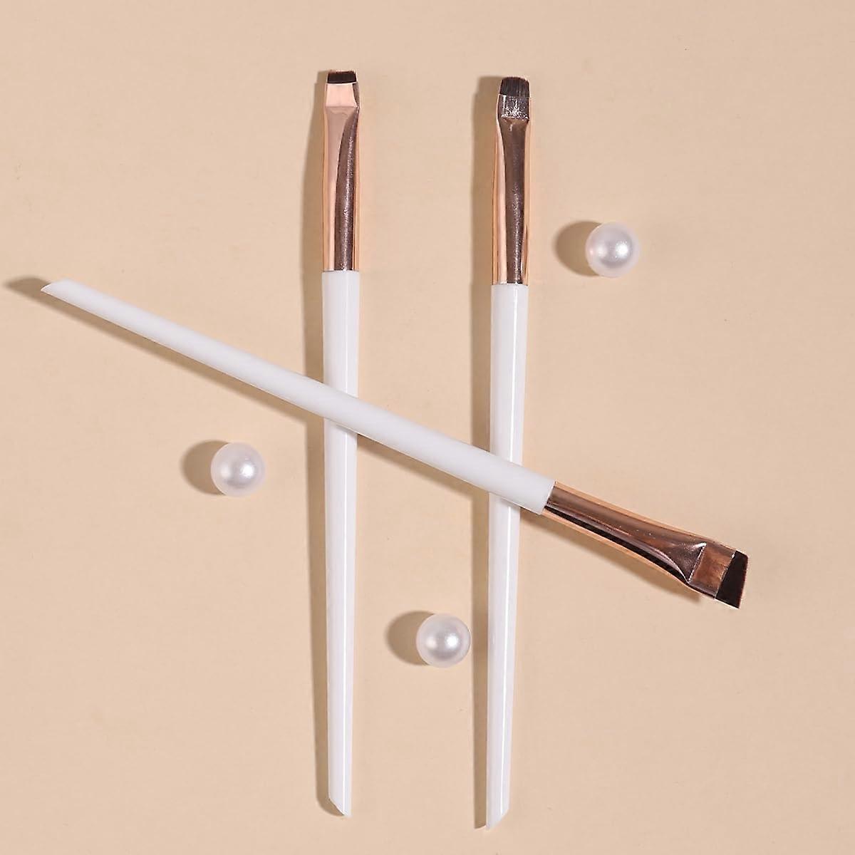 Professional Angled Eyebrow Brush Set, Precision Flat Tip, White Handle Rose Gold Ferrule, 3pcs