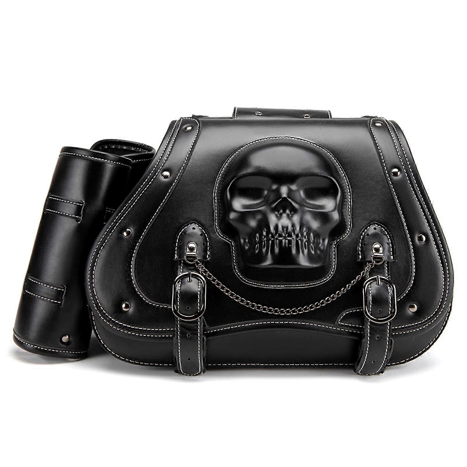 Motorcycle Saddlebags PU Leather with Bold Skull Design, Large Storage and Adjustable Strap