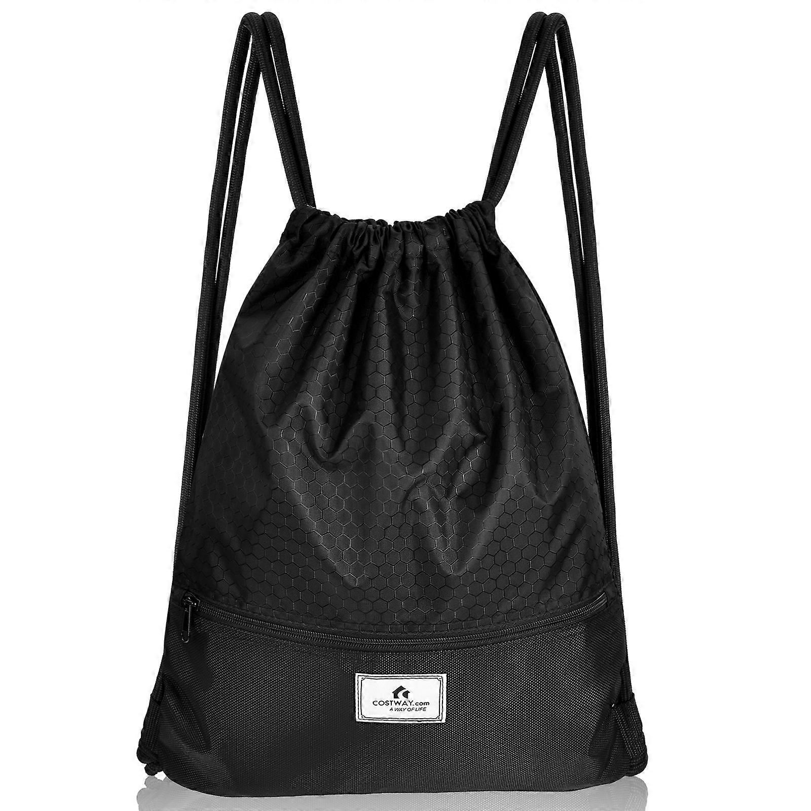 Costway Drawstring Backpack String Bag Folding Sports Sack w/Zipper Pocket Black