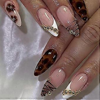Press on Nails Almond Medium Brown French Tip with Gold Flower Design, 24pcs Luxury Fake Nails