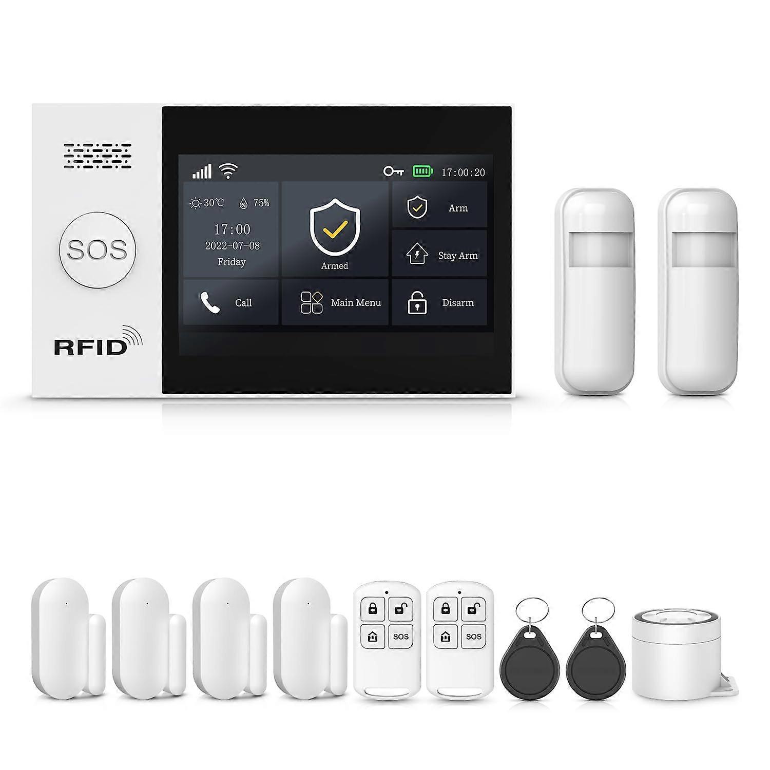 Wireless Home Security System with Touch Screen, Tuya App Alerts, 12pc DIY Sensor Kit, Alexa Google Compatible