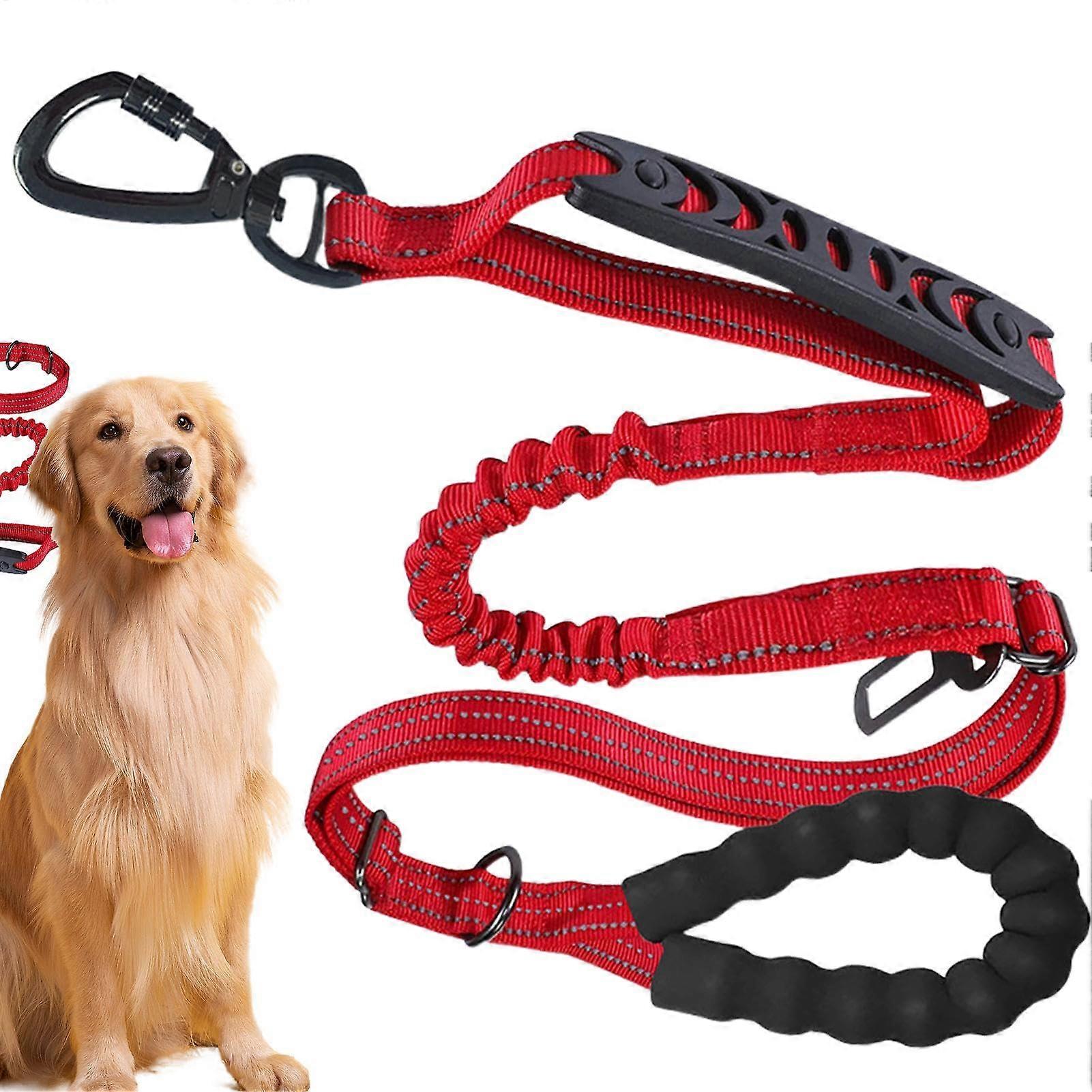 Dog Leash for Large Dogs No Pull Shock Absorbing Adjustable Nylon Lead with Soft Handle Red