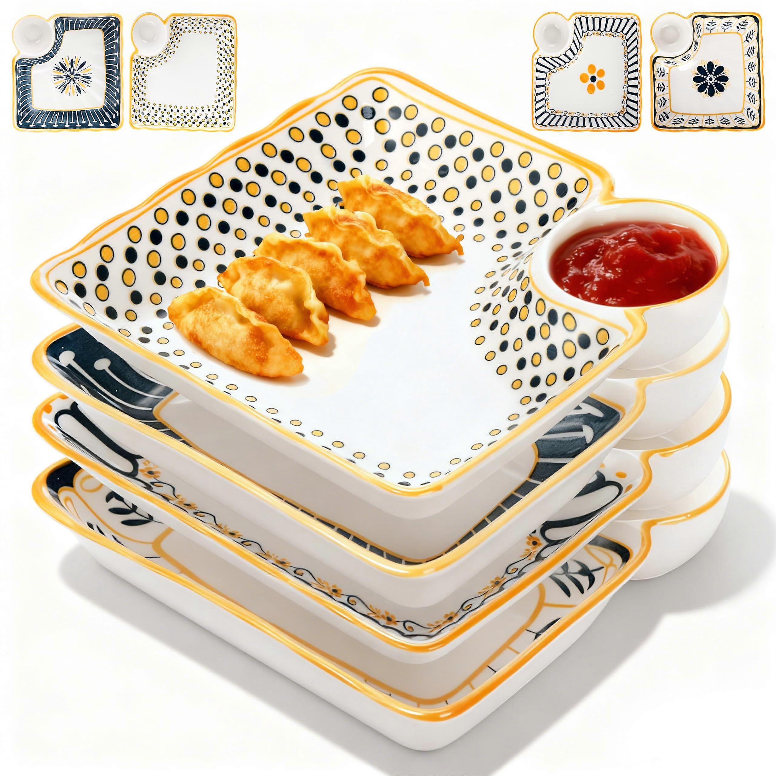 4 Pack Japanese Sushi Plate with Attached Sauce Dish, 7.5' Square Ceramic Serving Platter