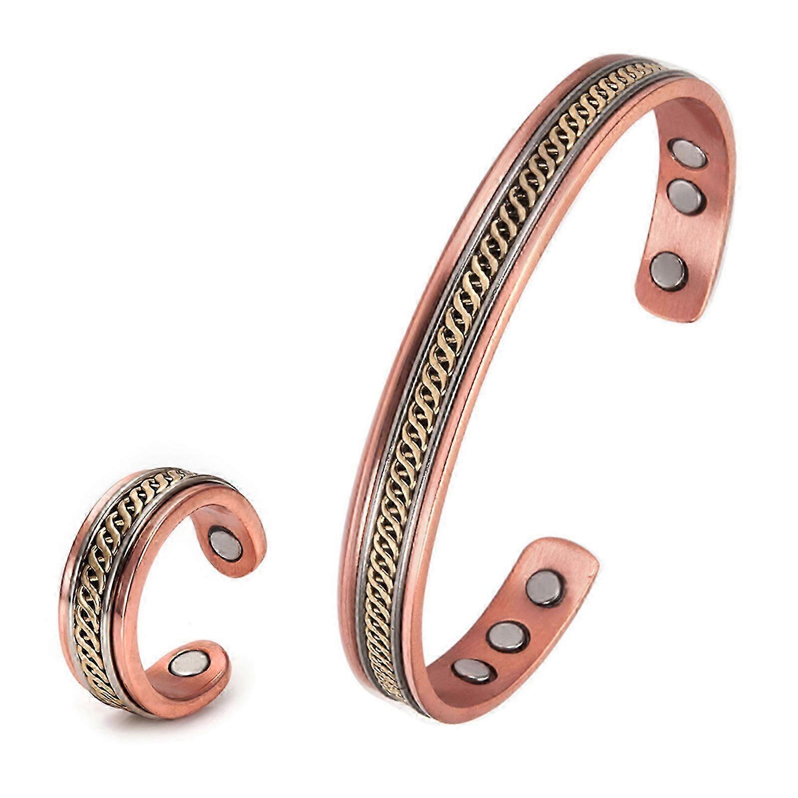 2Pieces Twisted Open Cuff Bangle Adjustable Copper Magnet Bracelet Ring Set