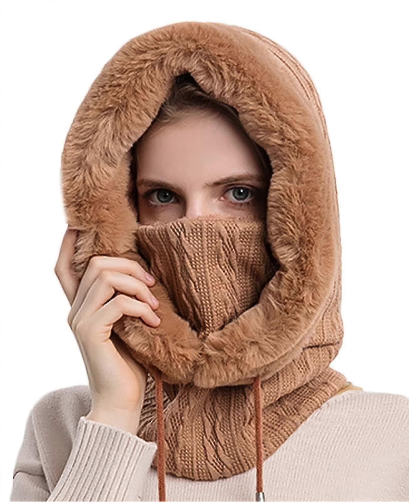 Winter Hat For Womens Thermal Scarf Ski Cap Siamese Pullover Caps