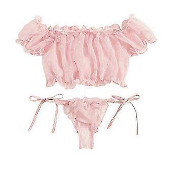 2025 Women's Self Tie Ruffle Trim Dobby Mesh Lingerie Set Sexy Bra and Panty-ckcy