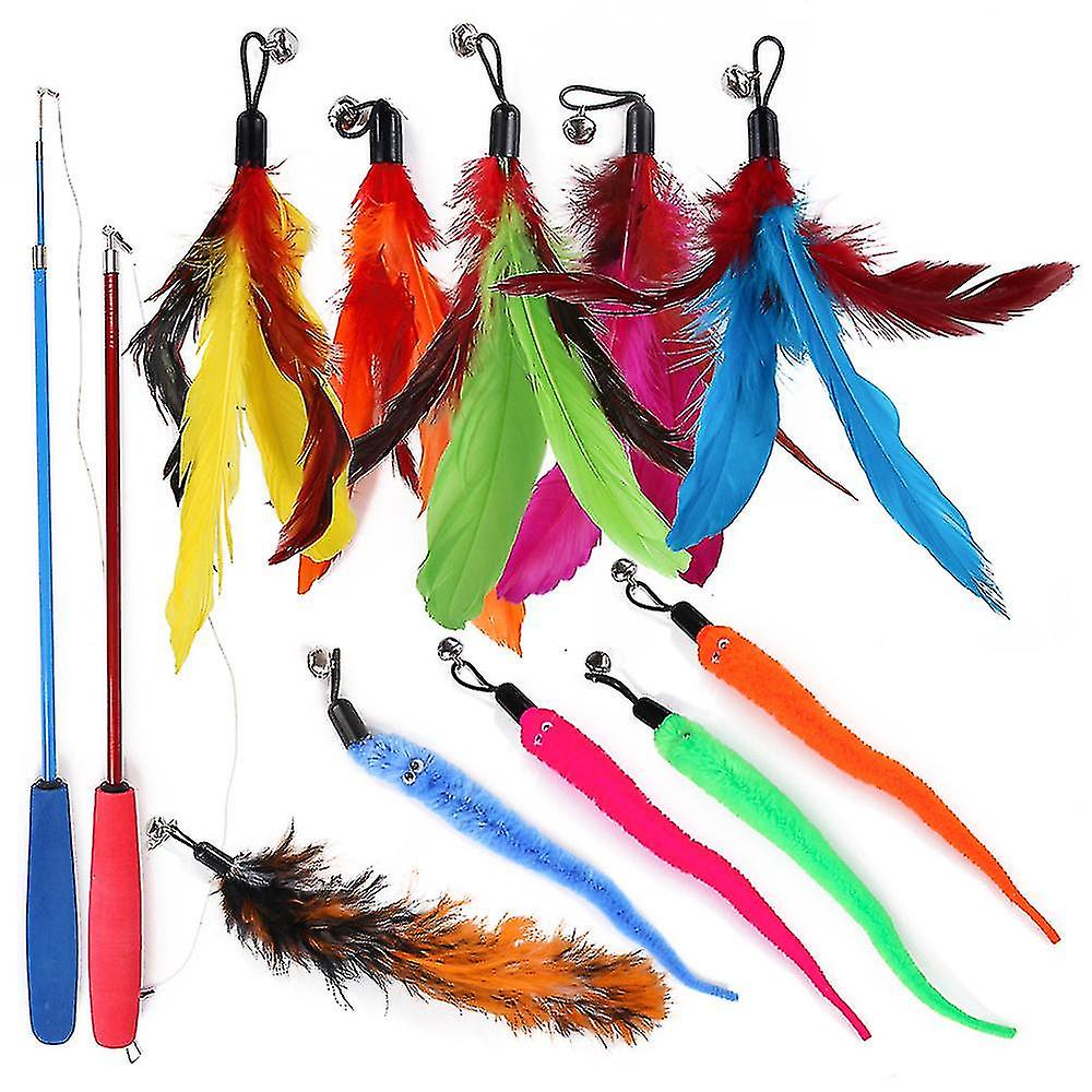 12pcs Funny Cat Stick Pet Cat Playset Cat Fishing Rod Retractable Cat Feather Toy Set