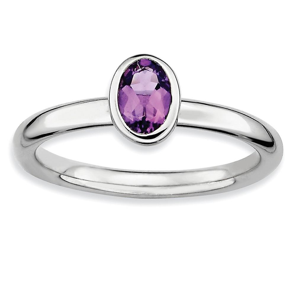 925 Sterling Silver Bezel Polished Stackable Oval Amethyst Ring-Stackable-Ring for Women - Ring Size: 5 to 10