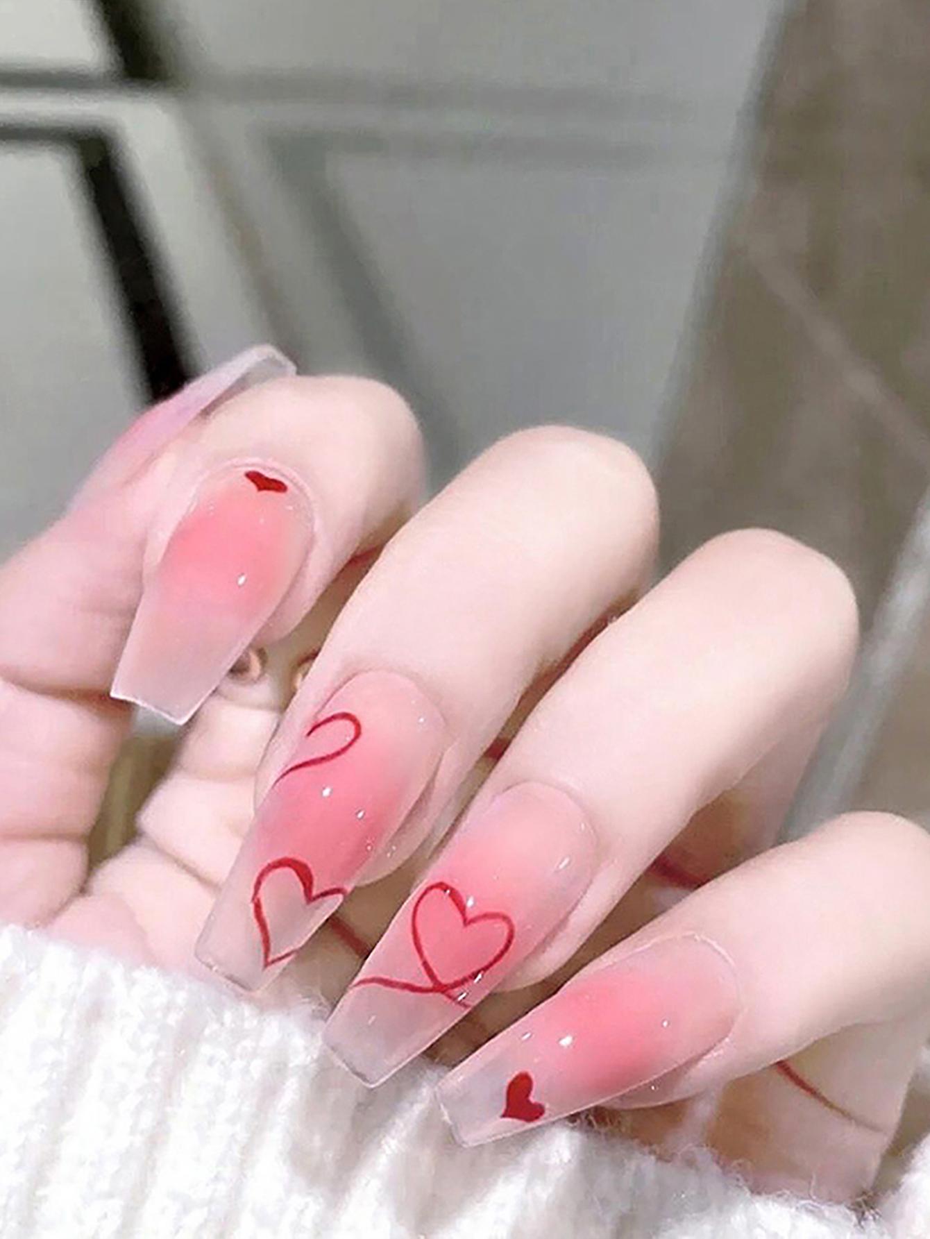 24pcs Long Press On Nail Halos Staining Design Sweet Style Full Coverage Nails