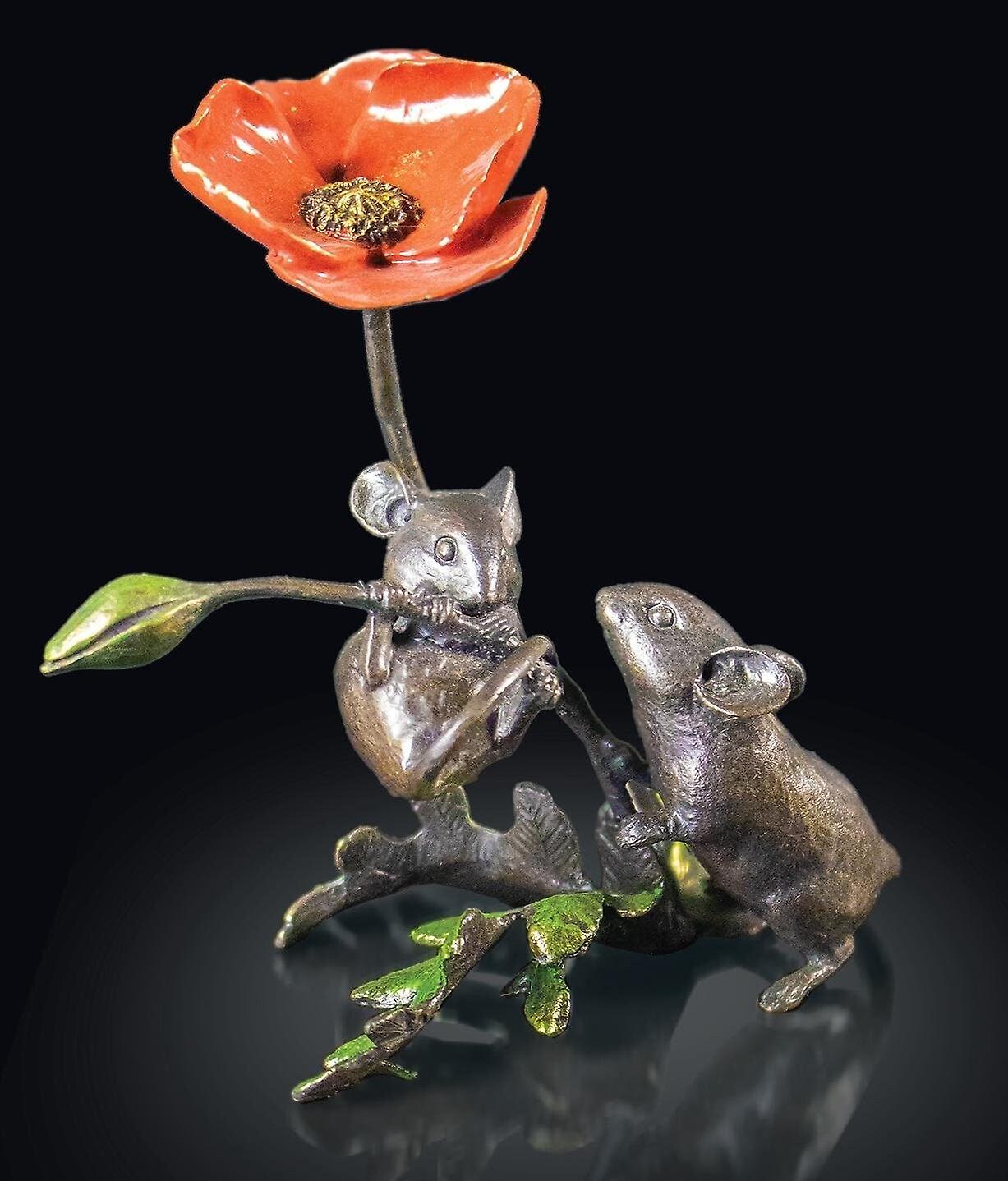 Mice With Poppy Bronze Figurine By Allianceinteriorsltd