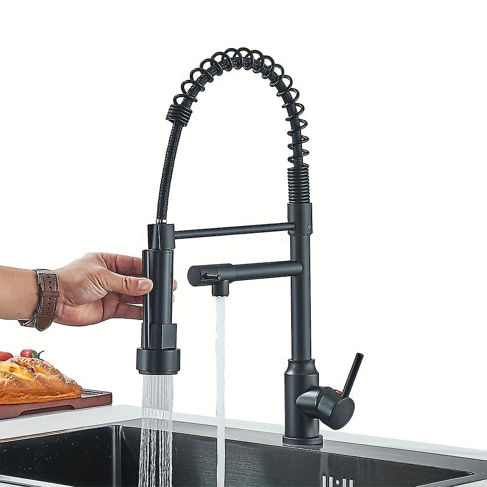 1pc Matte Black Kitchen Faucet - Modern Single Handle with Pull Down Sprayer High Arc Spring Commerc