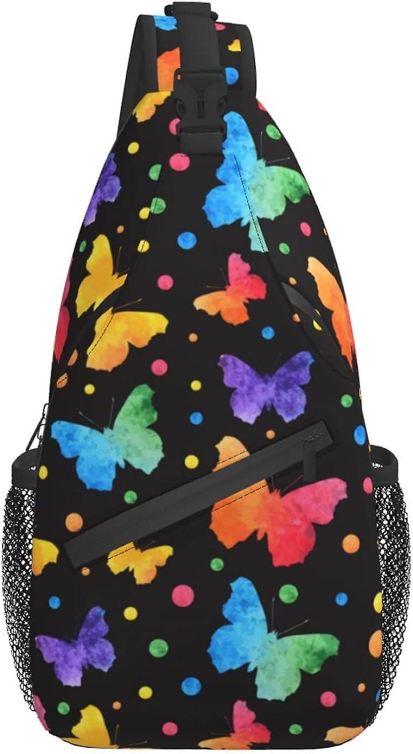 AT1114 תיק קלע אקוורל צבעוני פרפר שחור טיולי יום תרמיל כתף Crossbody תרמיל נסיעות חזה לגברים נשים