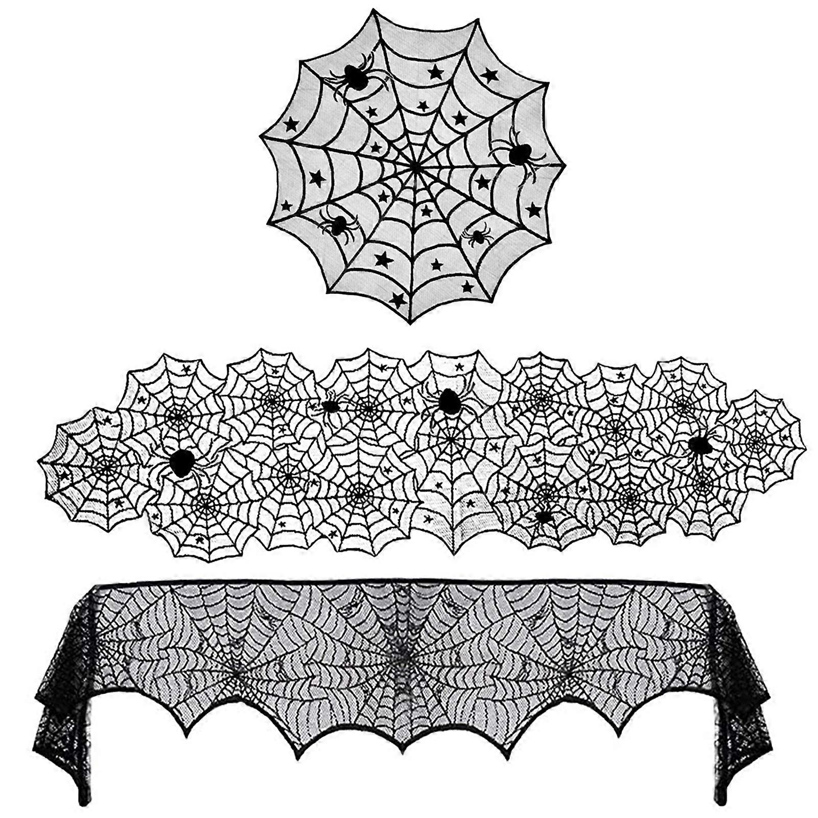Halloween Tablecloth Decorations Spider Web Table Cloth Table Runner Fireplace Cloth Set Black Lace Tablecloth Set for Home Table Decoration