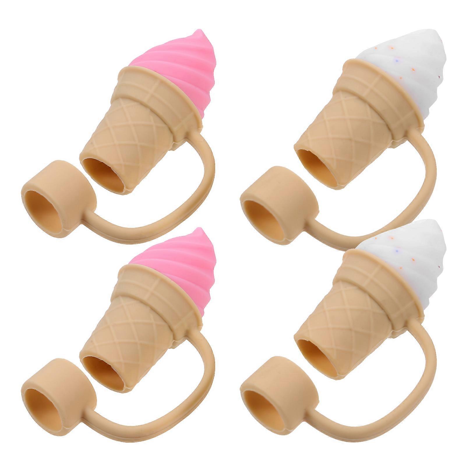 4pcs Reusable Straw Tips Lids Silicone Ice Cream Cone Shape Straw Decorations