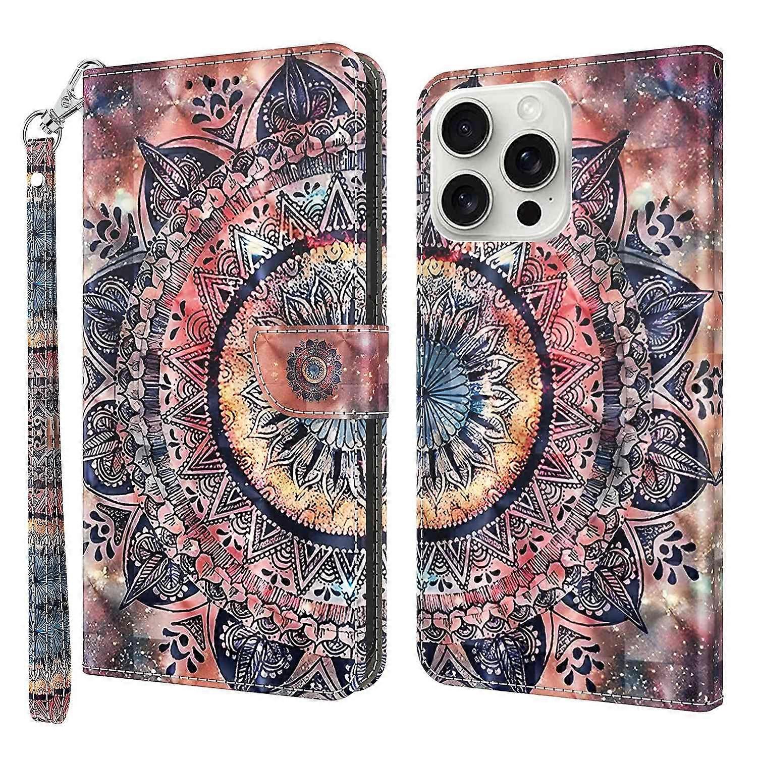 For iPhone 16 Pro Case Stand Pattern Printing Leather Phone Cover - Color Mandala