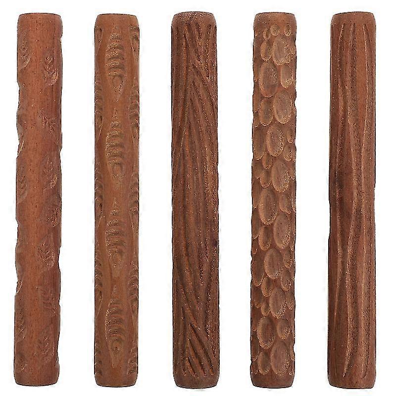 5pcs Wooden Handle Pottery Tools Clay Modeling Pattern Rollers Kit (Coffee)