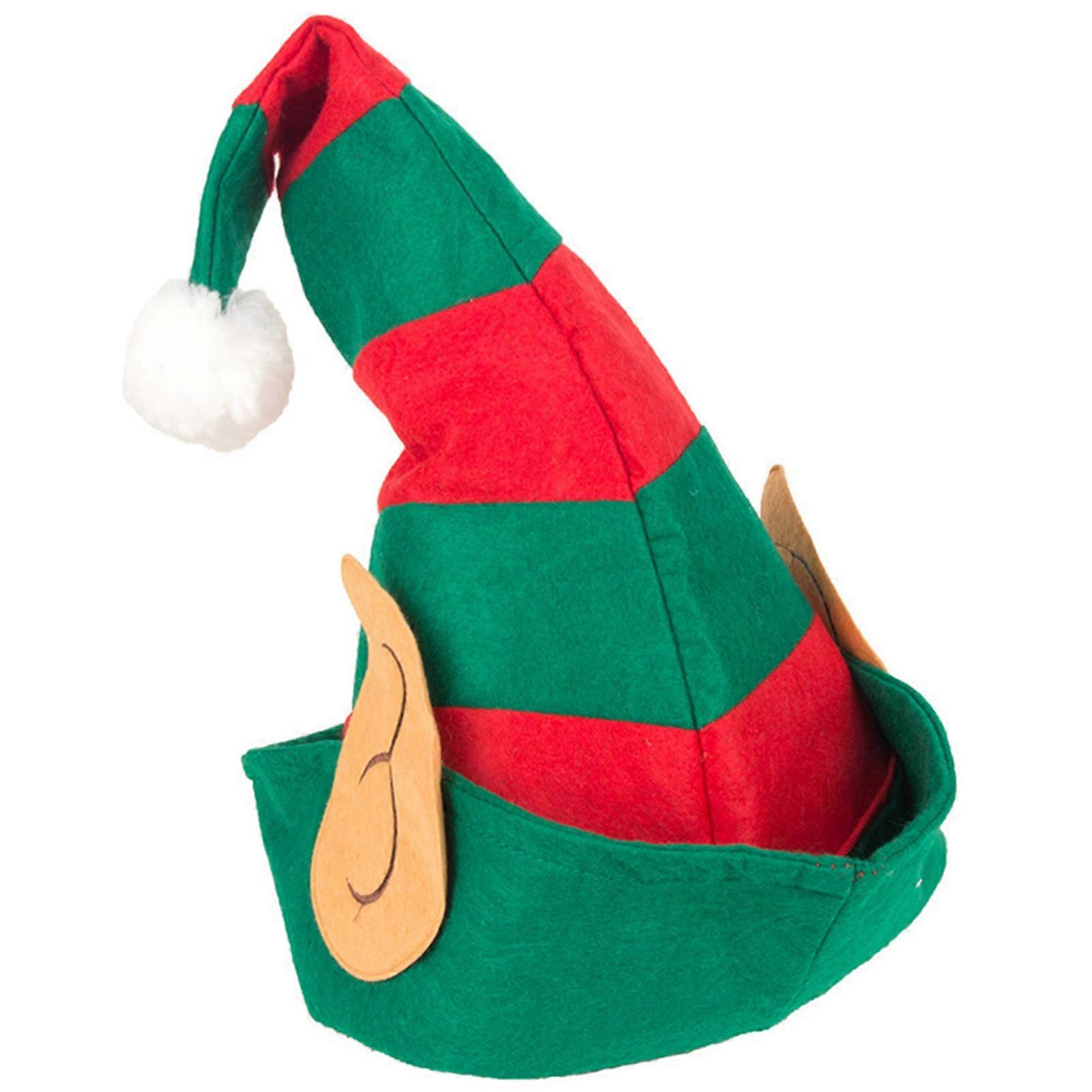 Christmas Elf Hat with Cloth Ears in Bright Red and Green Stripes for Christmas Party Decor