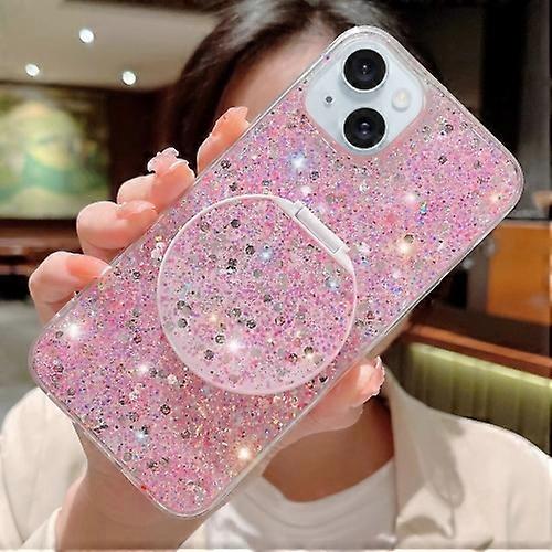 For iPhone 15 Starry Sequin Round Mirror Stand Epoxy TPU Mobile Phone Case