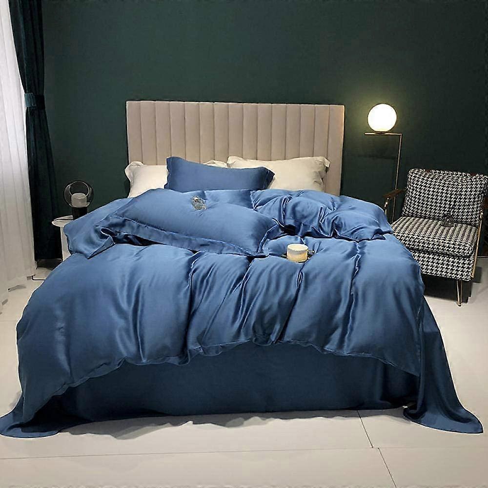 Lakan set, ren färg silkeslen dubbelsidig Tencel Fyra bit täcke omslag Is siden naken sängkläder sommar sängkläder - Safir Blå (220x240cm)