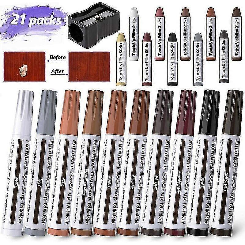 21 Pcs Furniture Touch-up Pens Multi-purpose Felt Marker Furniture Repair Kit For Stain, Scratch, Wood Floors, Tables With Sharpener
