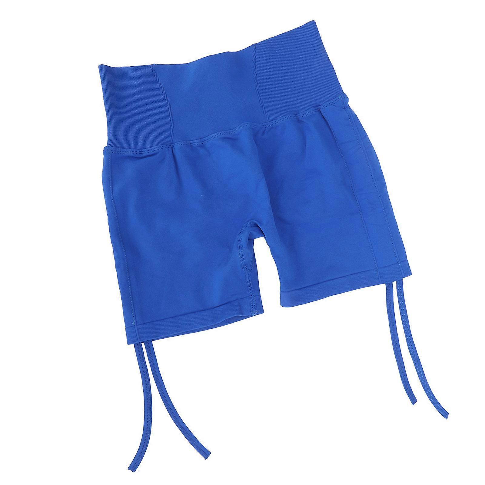 Women Workout Shorts High Waist Hip Lifting Sweat Absorbing Slim Fit Elastic Lady Yoga Shorts with Side Drawstring Blue