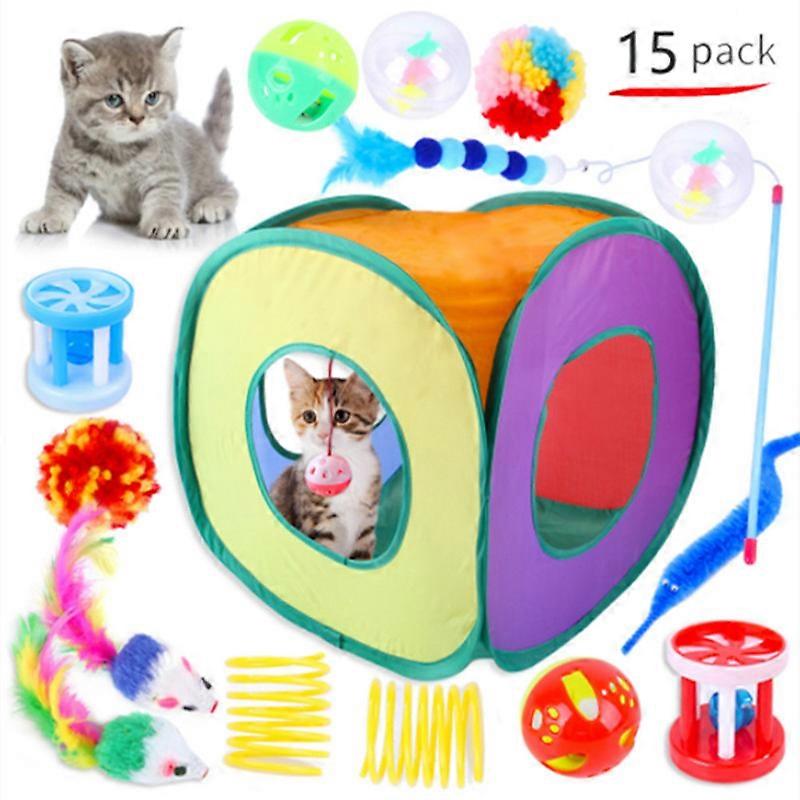 MIMIGO 15 PCS Cat Kitten Toys Set, Collapsible Cat Tunnels for Indoor Cats, Interactive Cat Feather Toy Fluffy Mouse Crinkle Balls Cat Square Rainbow