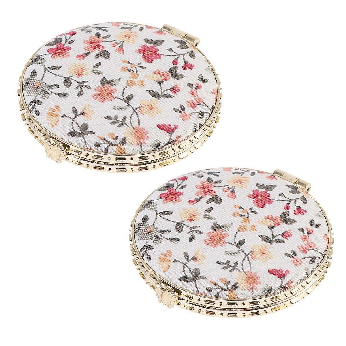 2pcs Double-sided Cosmetic Mirror Creative Folding Mirror Retro Cloth Printing Pocket Mirror Circular Makeup Mirror White