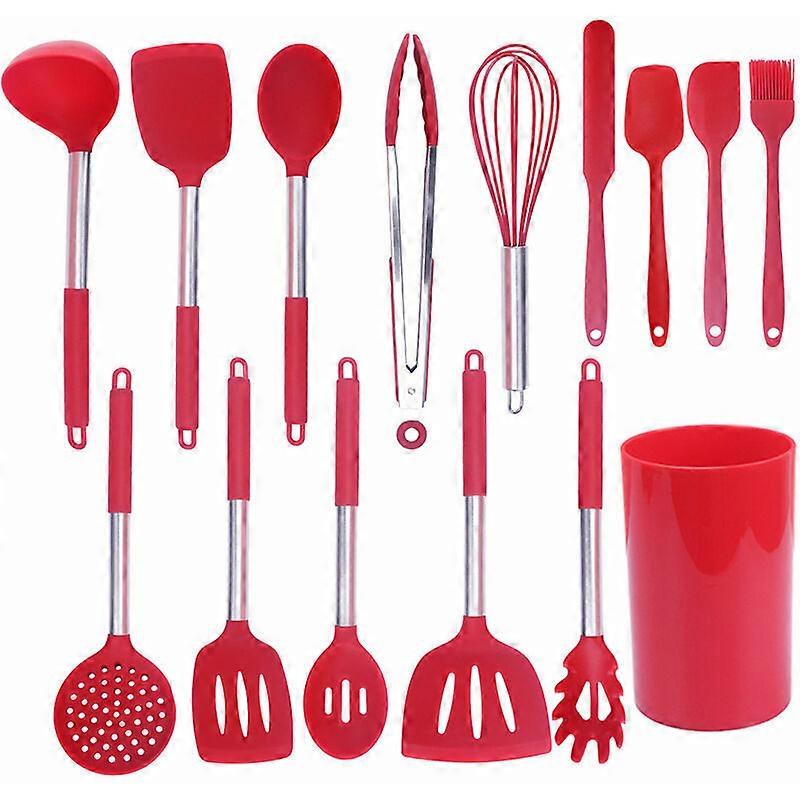 Silicone Cooking Utensils Set with Holder, Heat Resistant, 15-Piece Set, Includes Spoons, Spatula, Ladle, Tongs for Non-Stick Cookware,Red