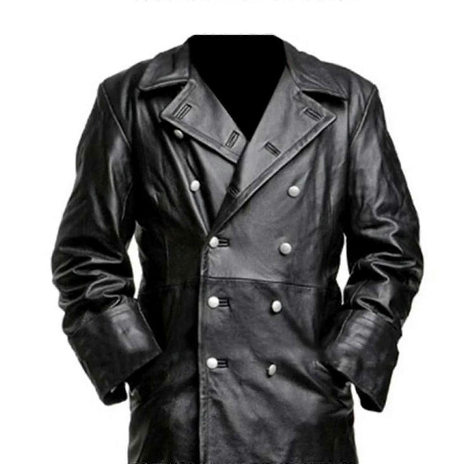 メンズドイツクラシックWW2軍服将校ブラックリアルレザートレンチ