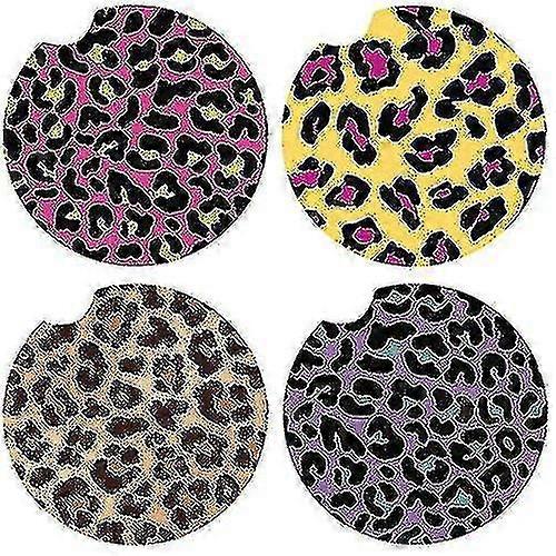 4の車のコースターパック、ヒョウプリント吸収性セラミックカーコースター、ドリンクカップホルダーコースター、簡単な取り外しのための指の切り欠き付き - Wanan