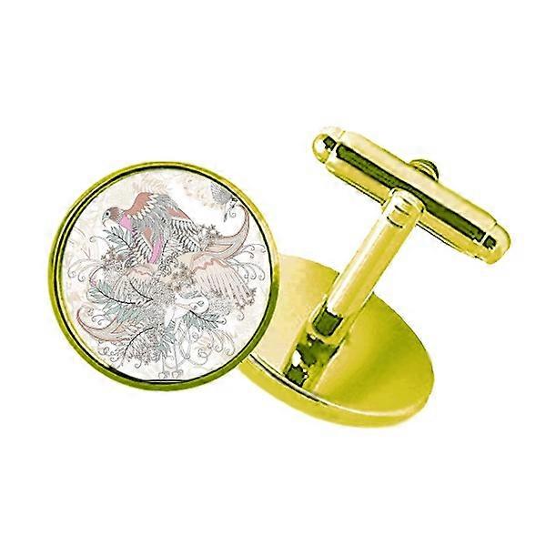 フラワーツリーバード浮世絵葉スタッズドビジネスメタルカフリンクスゴールデン