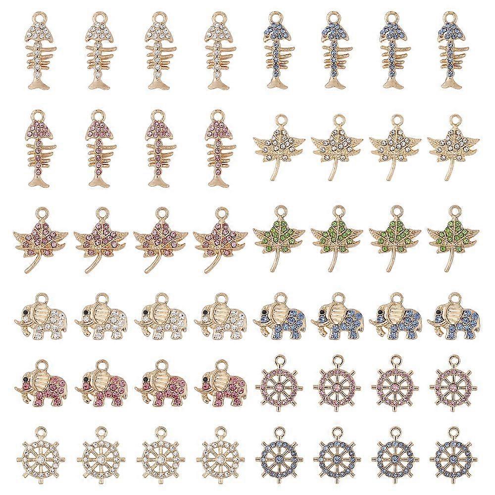 48Pcs 12 Styles Rack Plating Eco-friendly Alloy Rhinestone Pendants Helm & Fishbone & Maple Leaf & Elephant Charms Mixed Color 14~22x8.5~16.5x2.5~3.5m