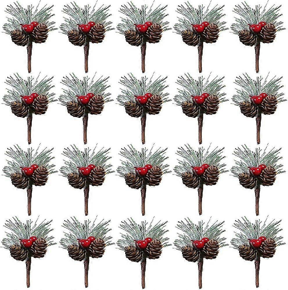 20 Pieces Artificial Pine Pis, Red Berry Stems With Snowflakes Floed Holly Mini Artificial Pine Branches For Christmas Tree Decorations Diy Crafts,410
