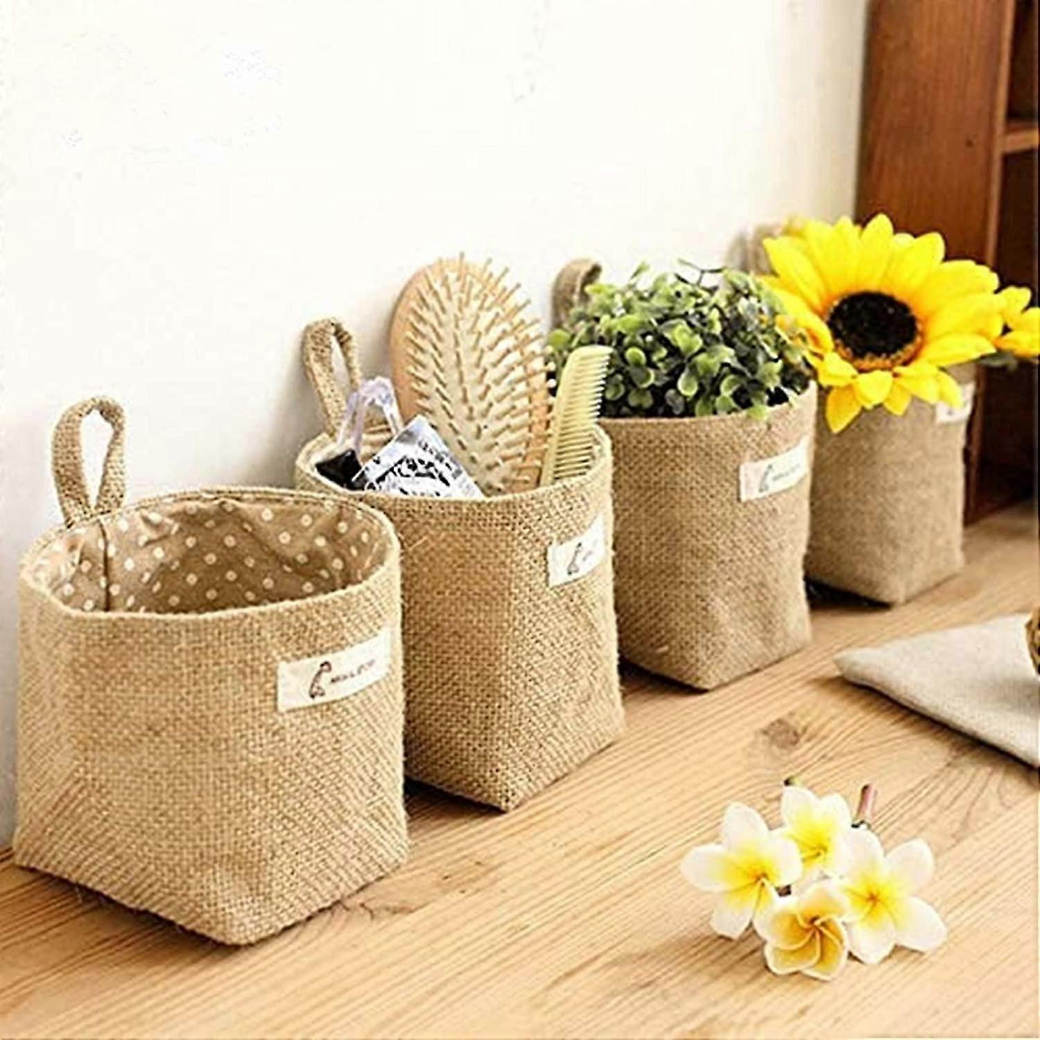 Set Of 4 Hanging Storage Bags, Cotton And Linen, Foldable Storage Basket With Handle For Toys, Makeup, Small Items, Keys
