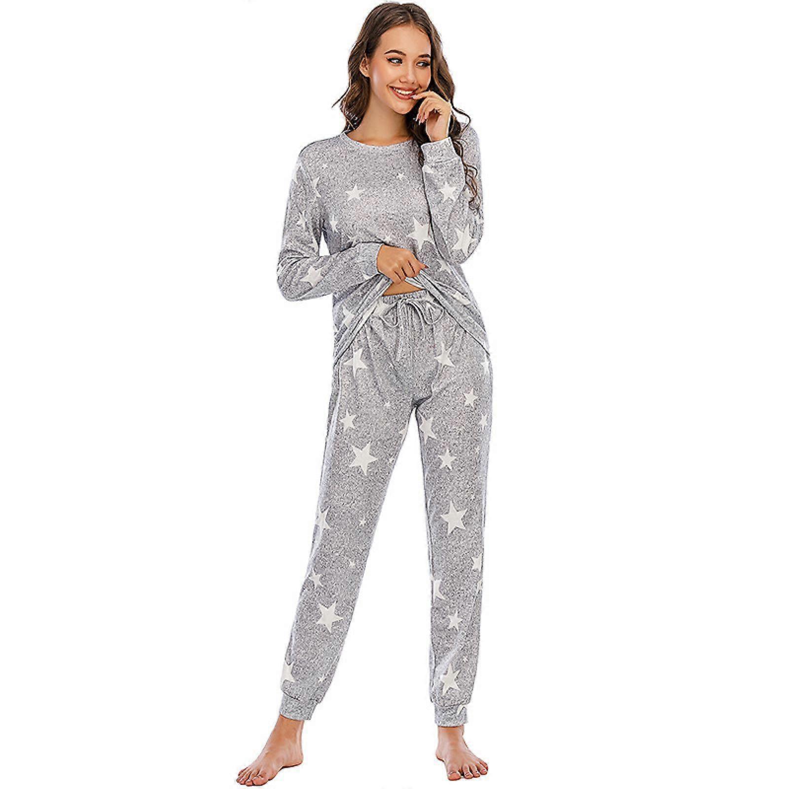 Womens Pajama Set Long Sleeve Sleepwear Star Print Nightwear Soft Lounge Sets with Pockets-X-Large