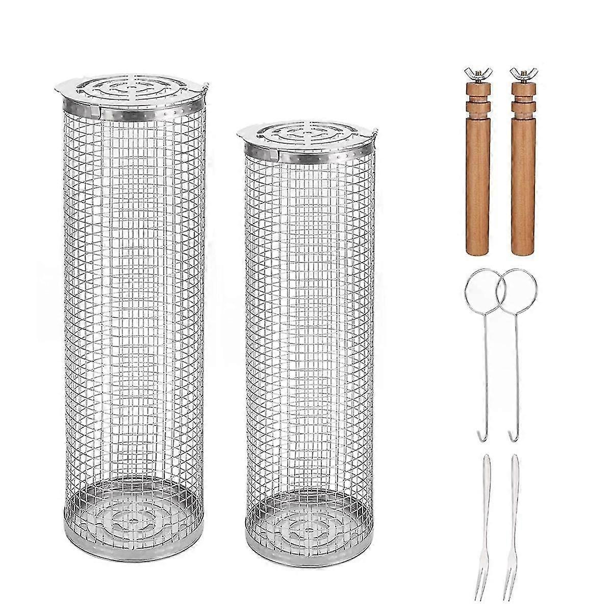 2Pcs BBQ Grill Basket, Stainless Steel Rolling BBQ Vegetable Grill Basket with Removable Wooden Handle, Round BBQ Cage