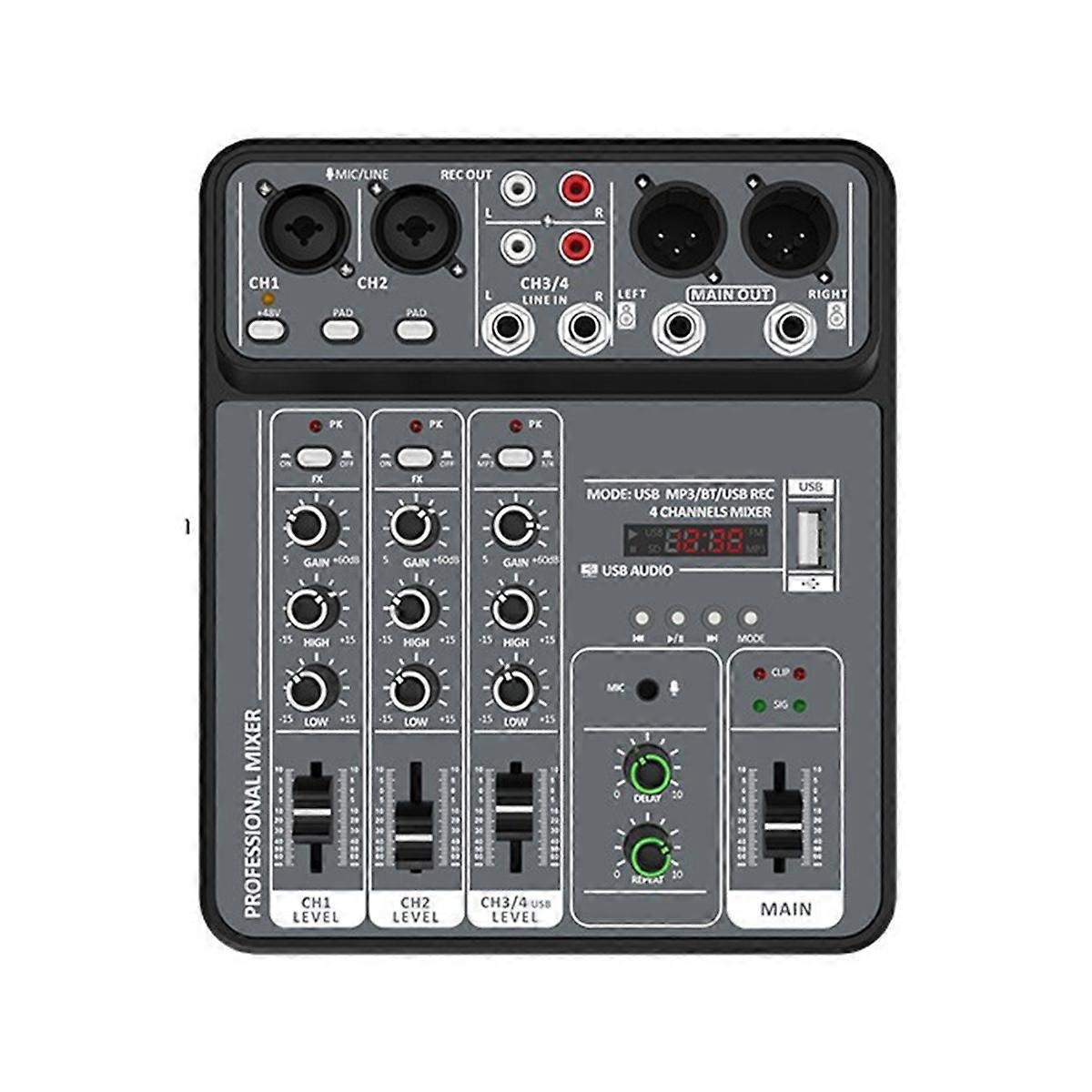 4 Channel Audio Mixer 48V Phantom Power USB Studio Sound Mixers Bluetooth DJ Console Mixing for Kar