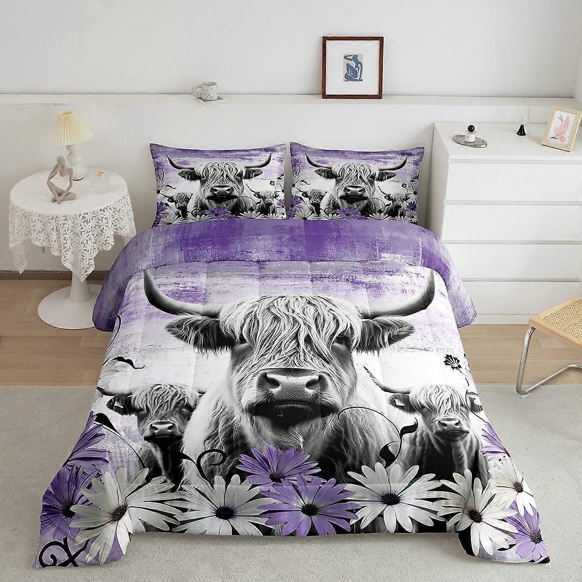 Purple Western Farmhouse Longhorn Cattle Comforter Set Queen Size with Rustic Daisy Flowers Design for Bedding