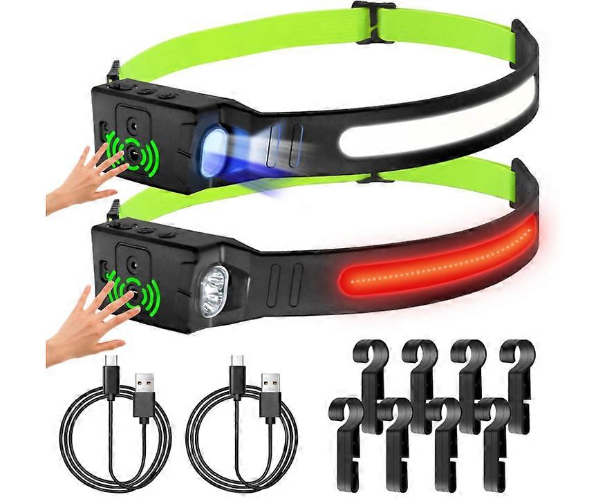 LED Headlamp Rechargeable USB-C, 230 Wide Beam COB led Headlight for Forehead with Blue XPE Sopt Light, 6 Modes, 2 Pack(Black)